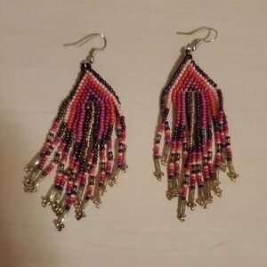 Beaded Fringe Earrings with Black, Pink, Purple, White, Silver, and Gold Beads